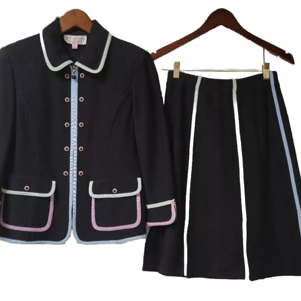 BEAUTIFUL ST JOHN COLLECTION 2pc black/multi skirt suit size 2 8
